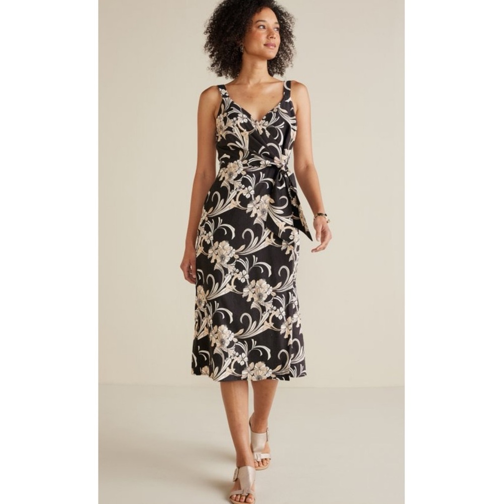 Soft Surroundings Womens Linen Midi Dress XL Black‎ Floral Coastal Isla Stretch